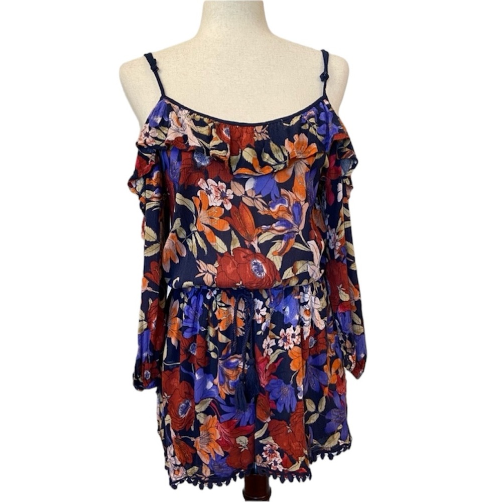 Band of Gypsies Floral Cold Shoulder Ruffled w/Tassels & Pom Pons Romper Sz Med